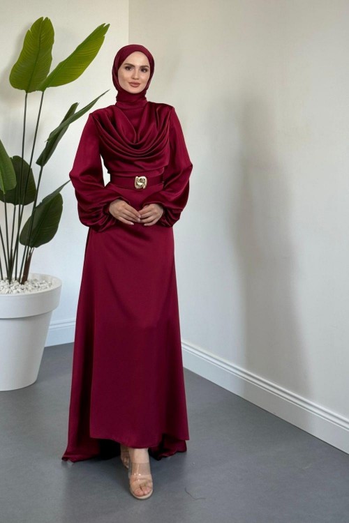 Merryna Kemerli Kuyruklu Saten Abiye Bordo