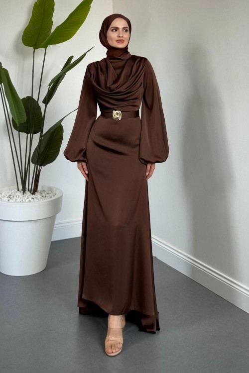 Merryna Kemerli Kuyruklu Saten Abiye Kahverengi
