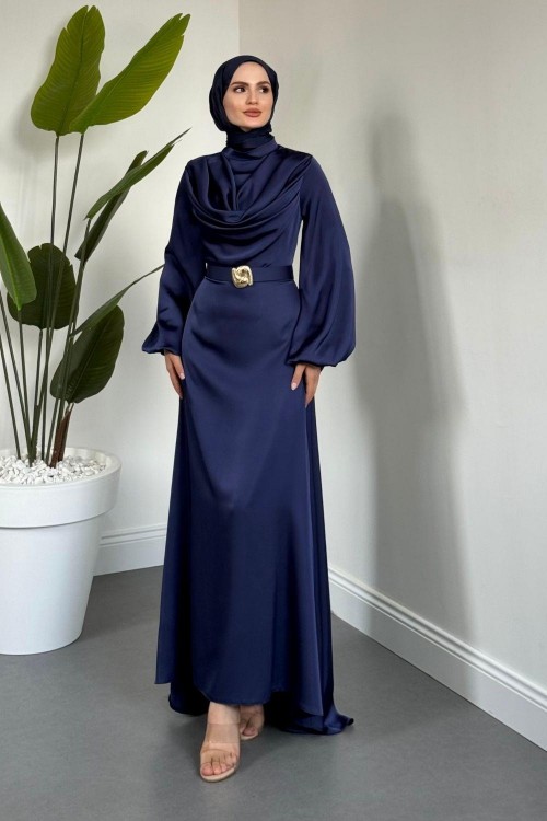 Merryna Kemerli Kuyruklu Saten Abiye Lacivert