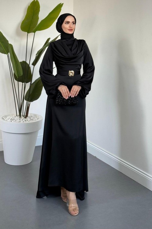 Merryna Kemerli Kuyruklu Saten Abiye Siyah