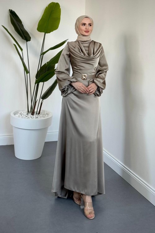 Merryna Kemerli Kuyruklu Saten Abiye Vizon