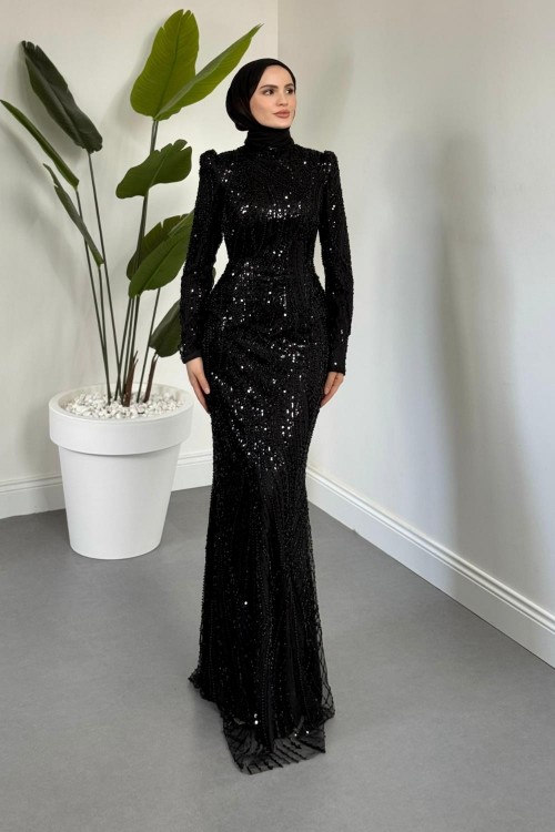 Mervena Korseli  Arkası Büzgülü Taş İşlemeli Abiye Siyah