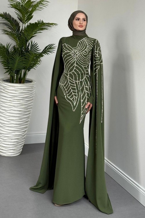 Mery Taşlı Pelerinli Abiye Haki