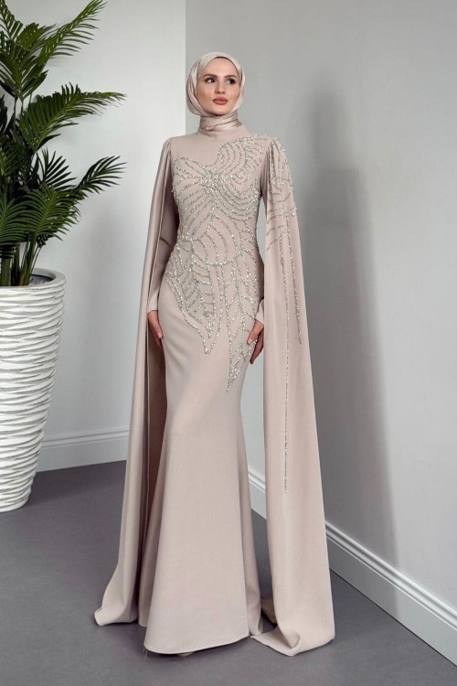 Mery Taşlı Pelerinli Abiye Krem