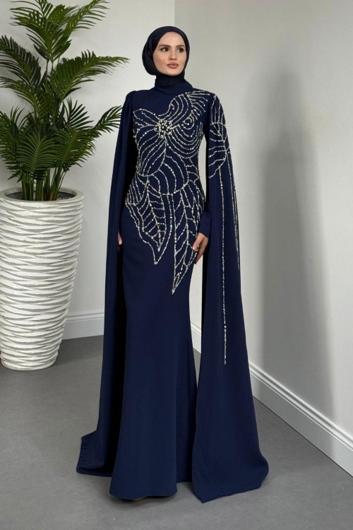 Mery Taşlı Pelerinli Abiye Lacivert