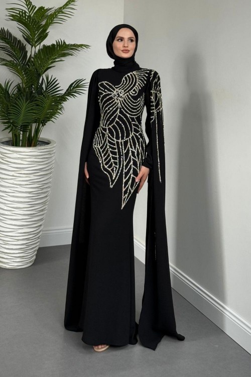 Mery Taşlı Pelerinli Abiye Siyah