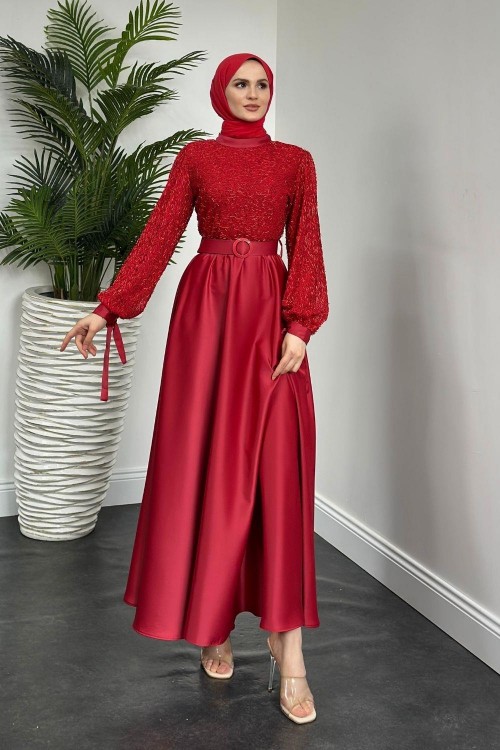 Mihret Üstü Boncuk İşleme Abiye Kırmızı