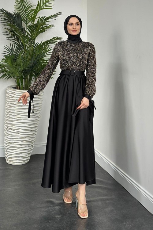 Mihret Üstü Boncuk İşleme Abiye Siyah