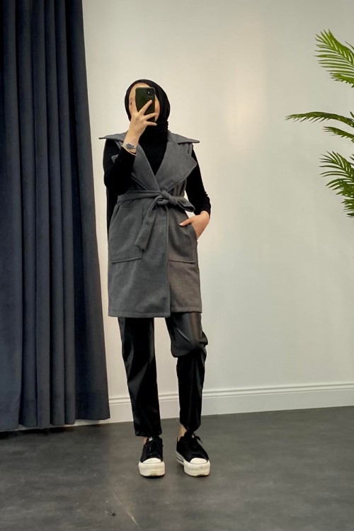 Mihver Kaşe Cepli Yelek Füme