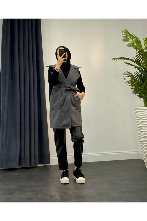 Mihver Kaşe Cepli Yelek Füme