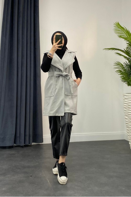 Mihver Kaşe Cepli Yelek Gri