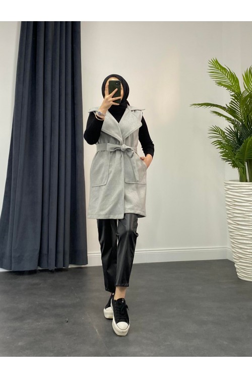 Mihver Kaşe Cepli Yelek Gri