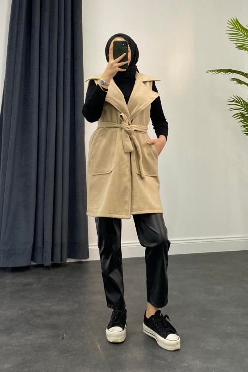 Mihver Kaşe Cepli Yelek Krem