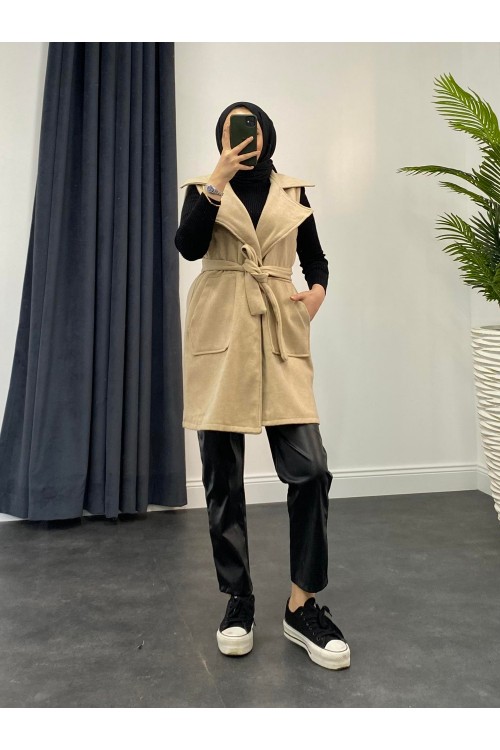 Mihver Kaşe Cepli Yelek Krem