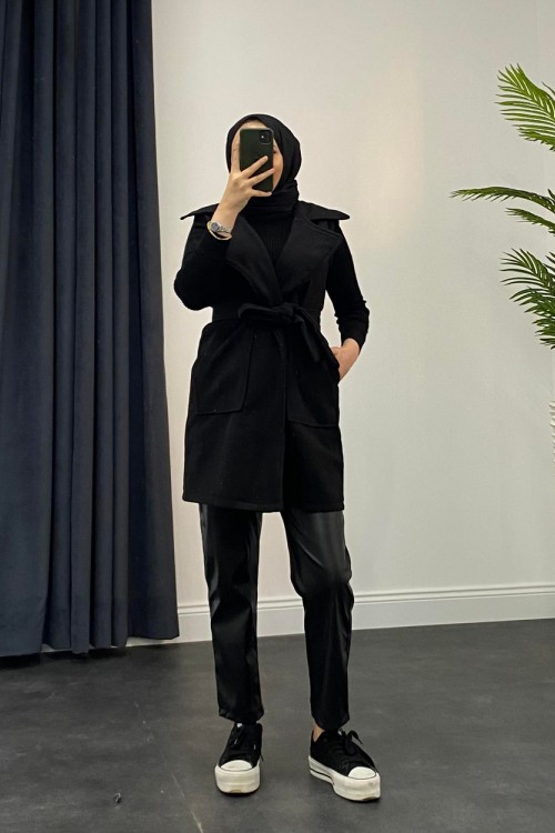 Mihver Kaşe Cepli Yelek Siyah