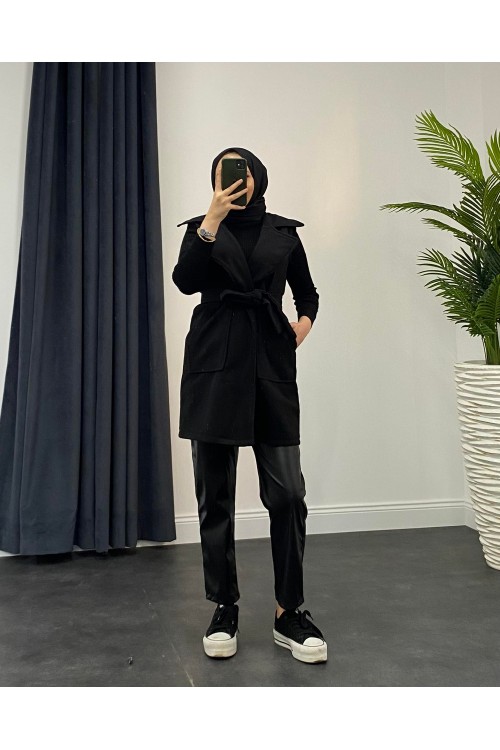 Mihver Kaşe Cepli Yelek Siyah