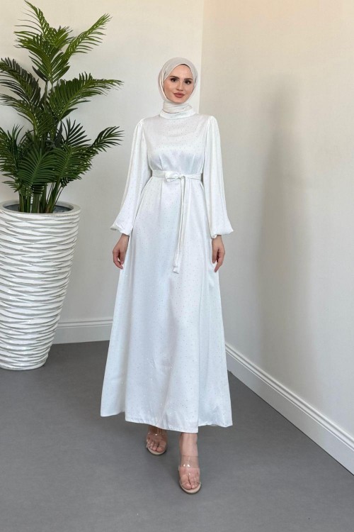 Milano Taşlı Balon Kol Abiye Beyaz