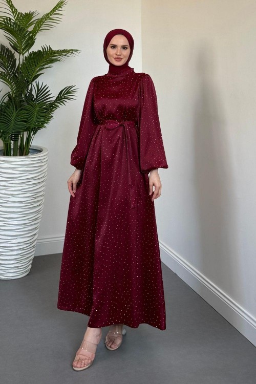 Milano Taşlı Balon Kol Abiye Bordo