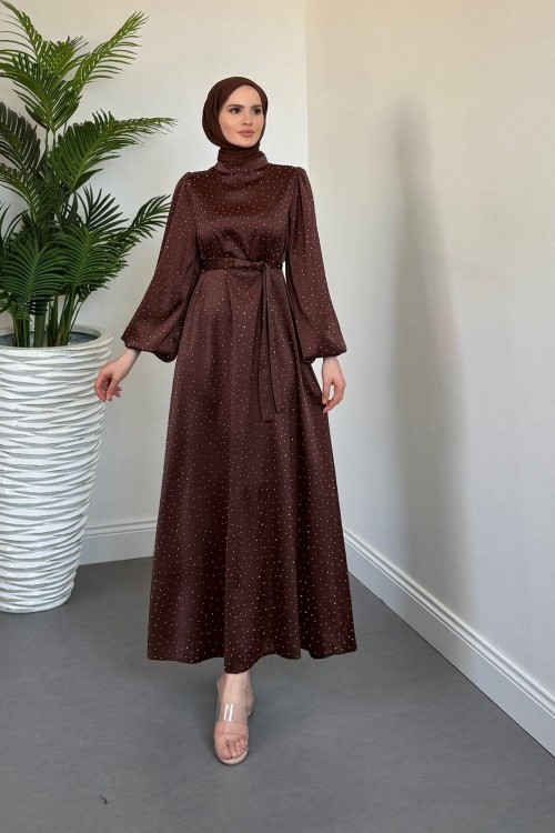 Milano Taşlı Balon Kol Abiye Kahverengi