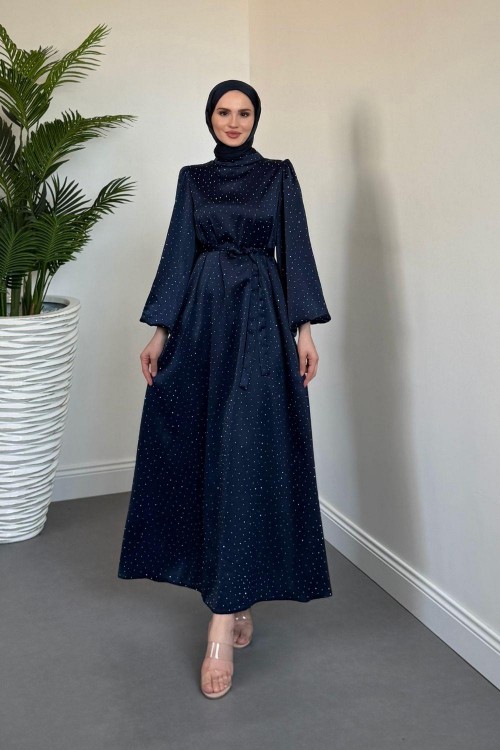 Milano Taşlı Balon Kol Abiye Lacivert