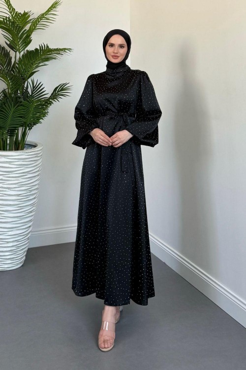 Milano Taşlı Balon Kol Abiye Siyah