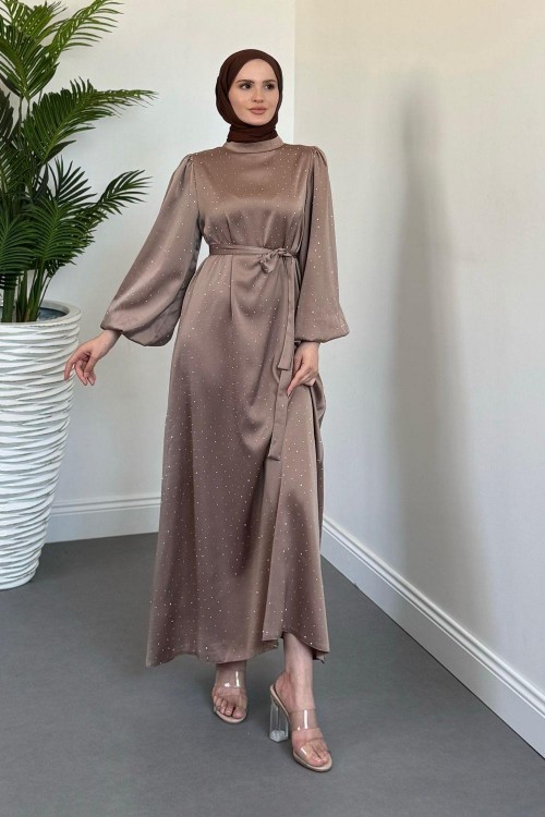 Milano Taşlı Balon Kol Abiye Sütlü Kahve