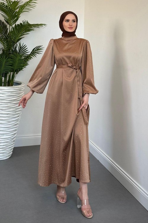 Milano Taşlı Balon Kol Abiye Vizon