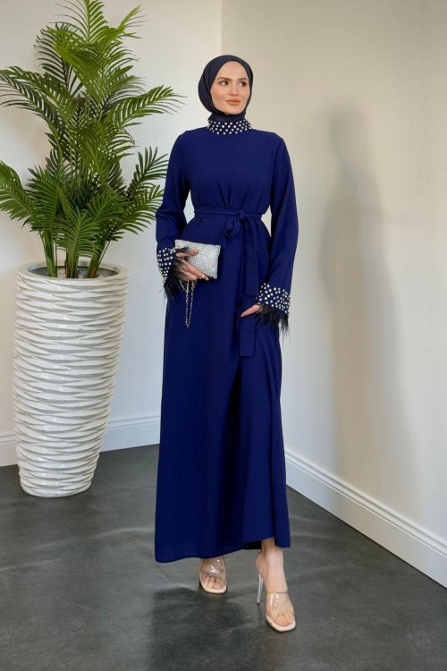 Mimoza Kolları Taşlı Krep Abiye Lacivert