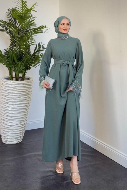 Mimoza Kolları Taşlı Krep Abiye Mint