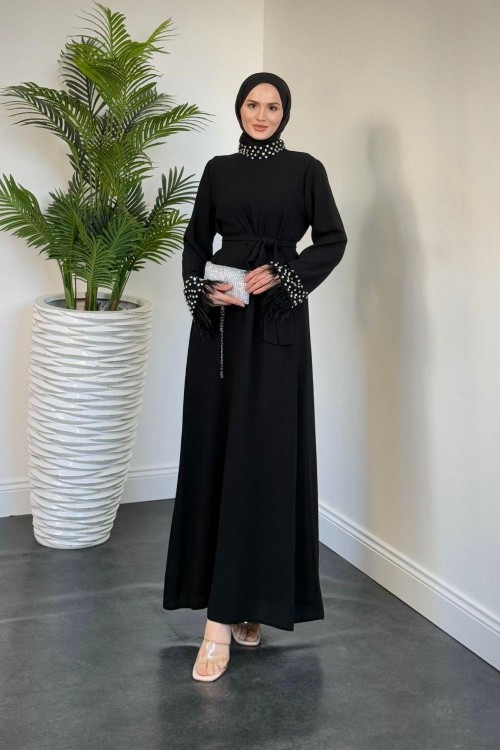 Mimoza Kolları Taşlı Krep Abiye Siyah