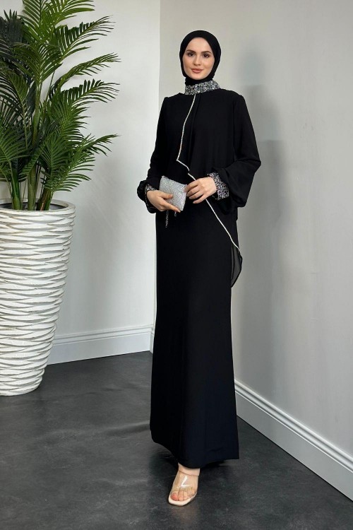 Minal Pelerinli Abiye Siyah 