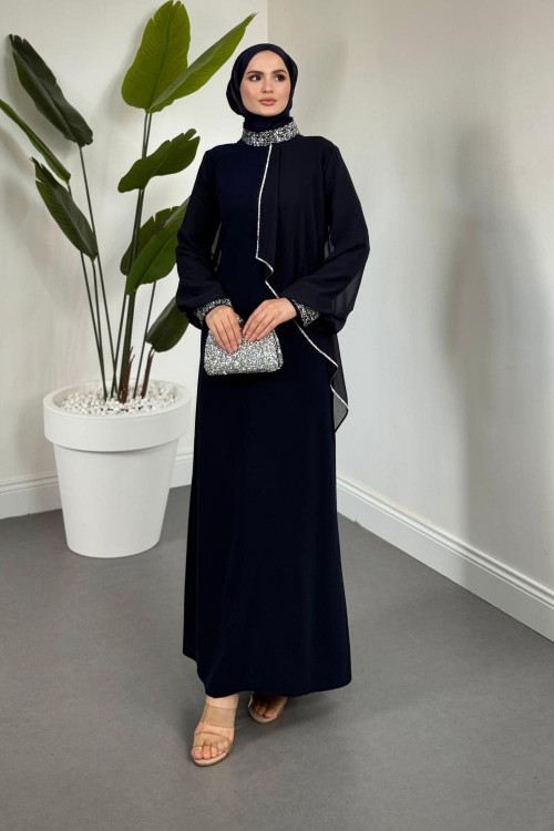 Minal Pelerinli Abiye Koyu Lacivert