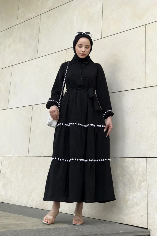 Mini Ponpon İşlemeli Tesettür Elbise Siyah