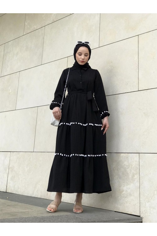Mini Ponpon İşlemeli Tesettür Elbise Siyah