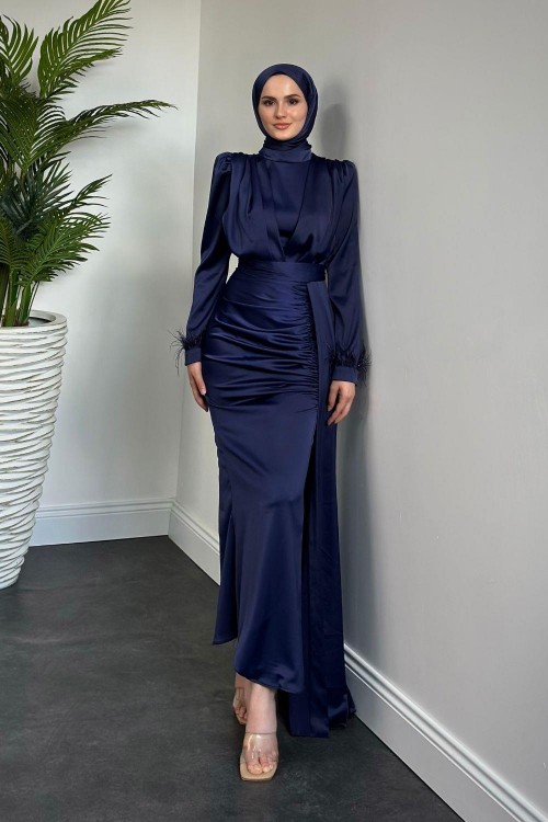 Mirabel Büzgülü Saten Abiye Lacivert