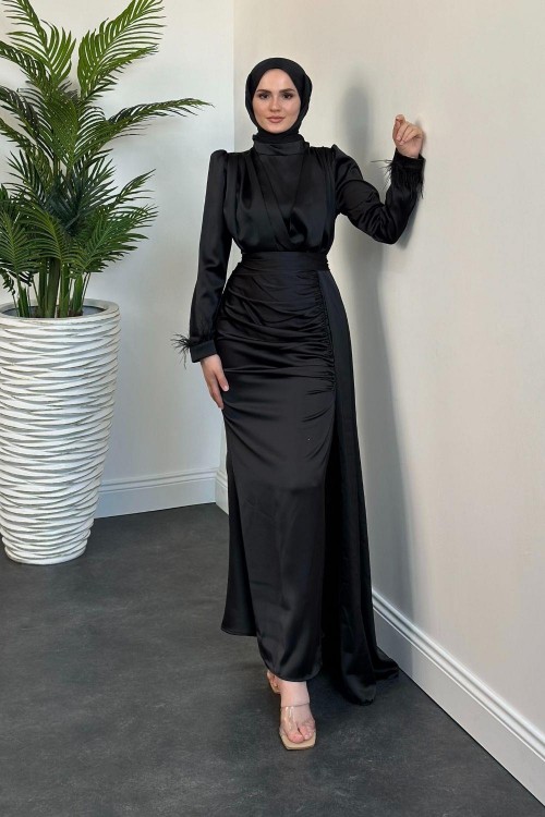Mirabel Büzgülü Saten Abiye Siyah