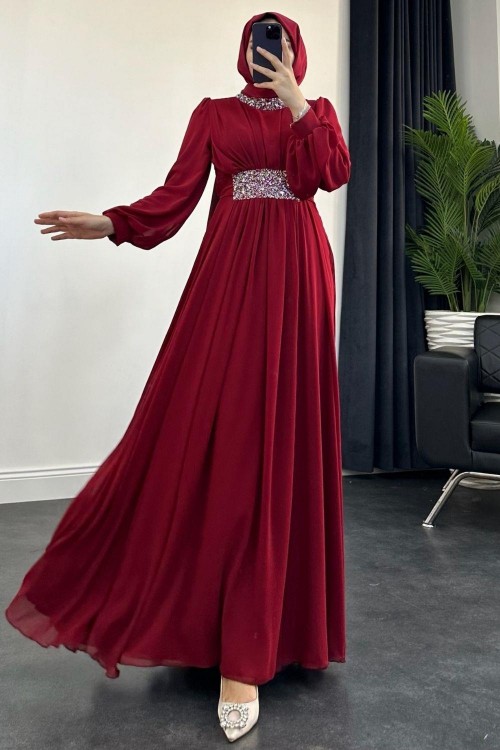 Mishe Şifon Abiye Bordo