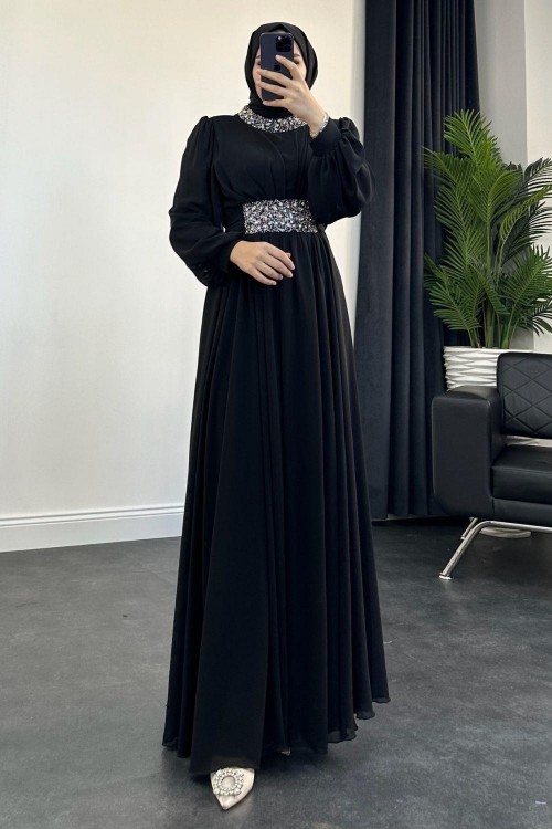 Mishe Şifon Abiye Siyah