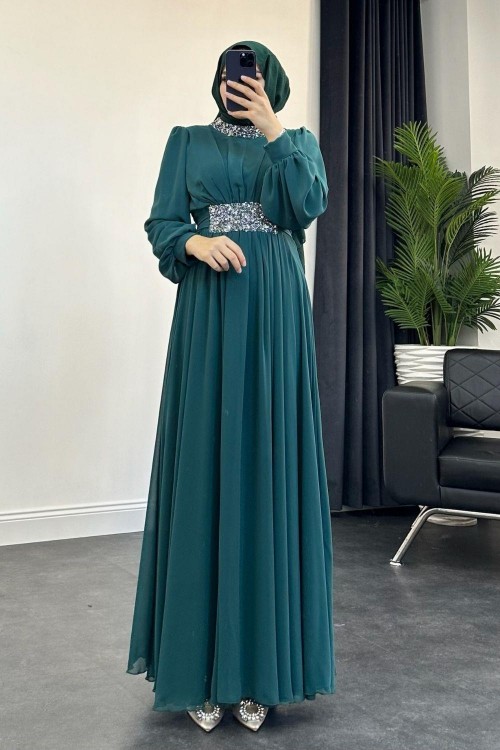 Mishe Şifon Abiye Zümrüt