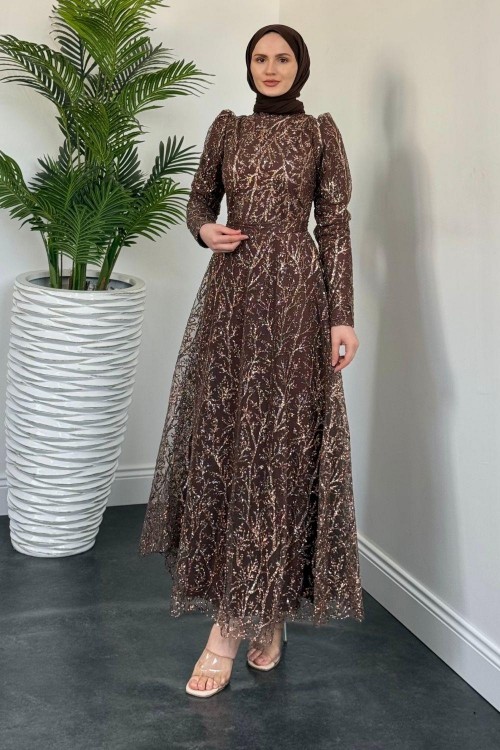 Mısra Simli Abiye Kahverengi