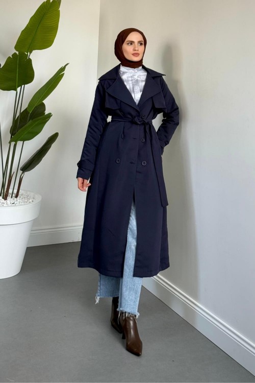 Mivora Astarlı Gabardin Trençkot Lacivert