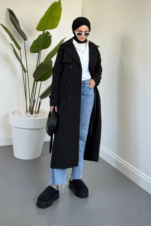 Mivora Astarlı Gabardin Trençkot Siyah