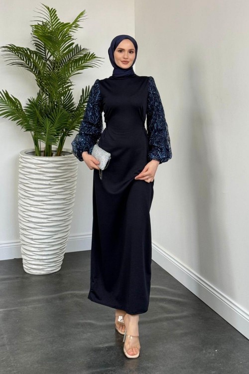 Mogy Kolları Payet Krep Abiye Lacivert