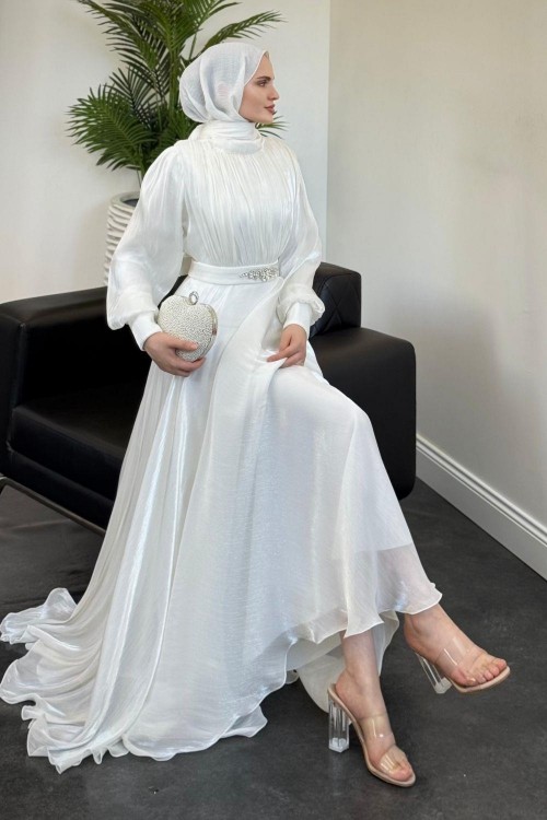 Molinna Beli Taşlı Janjan Abiye Beyaz