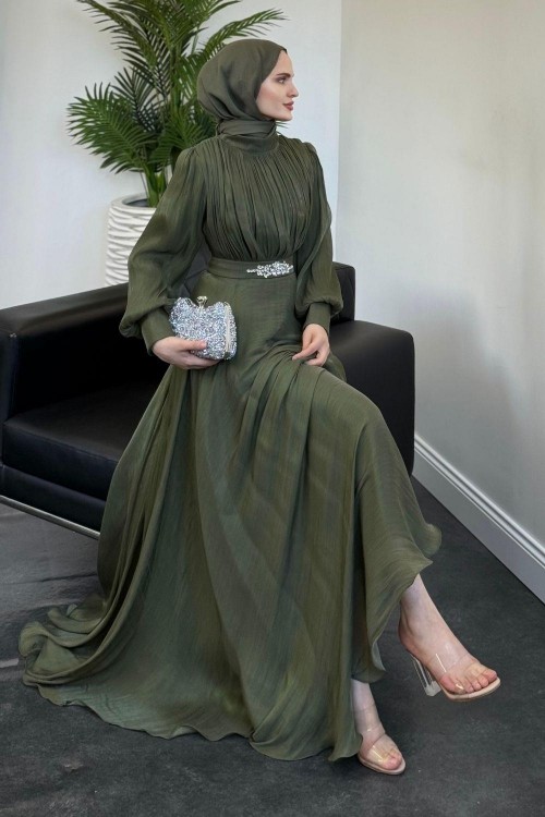 Molinna Beli Taşlı Janjan Abiye Haki