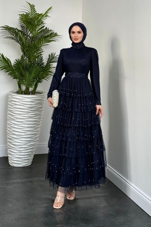 Mona Boncuklu Abiye Lacivert(KEMERSİZDİR)