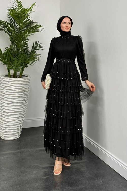 Mona Boncuklu Abiye Siyah(KEMERSİZDİR)