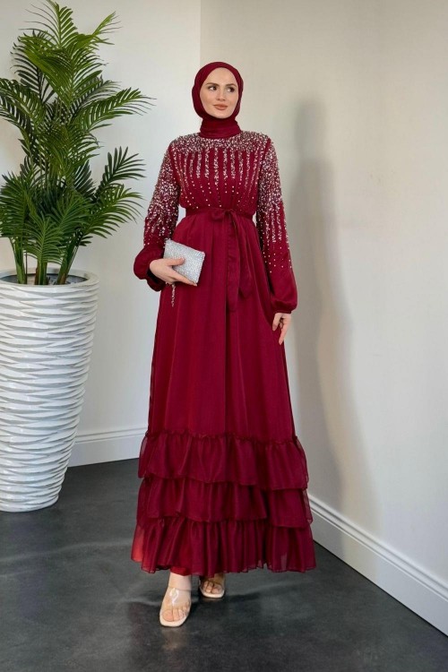 Monstera Üstü Taşlı Şifon Abiye Bordo
