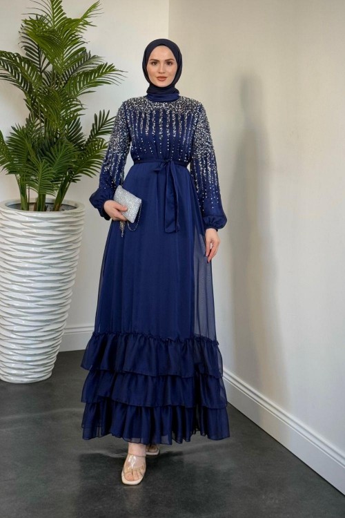 Monstera Üstü Taşlı Şifon Abiye Lacivert