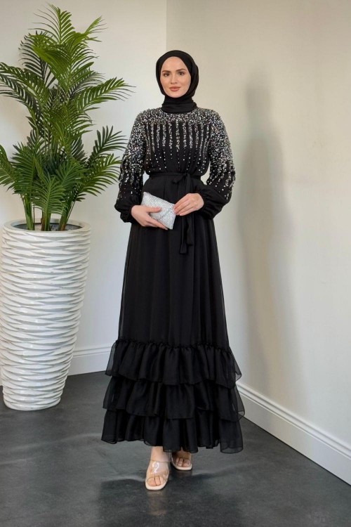 Monstera Üstü Taşlı Şifon Abiye Siyah